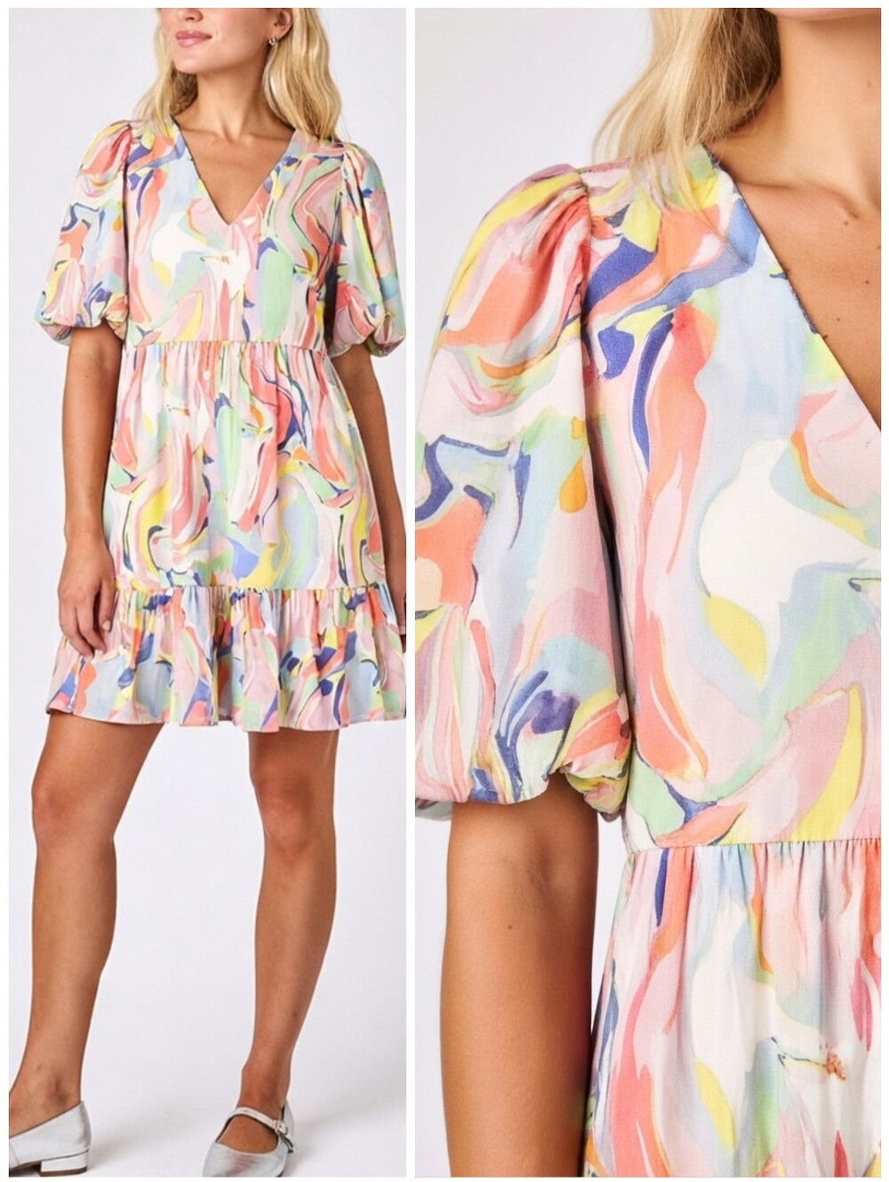 CROSBY Mollie Burch Rainbow Marble Puff Sleeve Izzy Dress, M